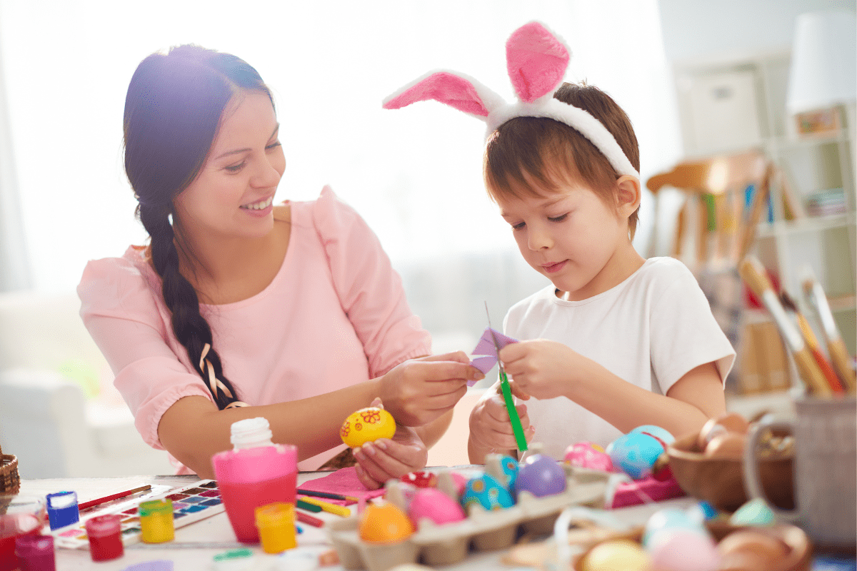 Kids reading books and doing creative spring activities